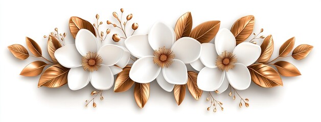 Detailed white and gold magnolia flowers with golden leaves are beautifully arranged on a soft grey background, exuding elegance