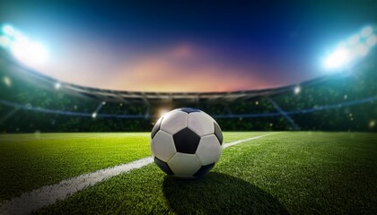 Fototapeta premium a soccer ball sits on a green field with a blurred background of a stadium at night and bright lights
