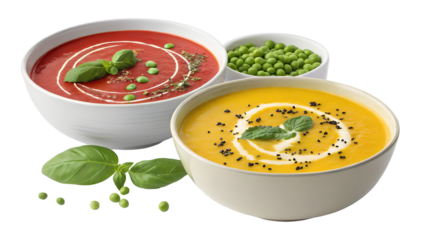 3d Two bowls of vibrant soup icon, side by side, featuring red soup with basil and peas, and yellow soup with herbs, black pepper, and cream swirl isolated on transparent background PNG file download.