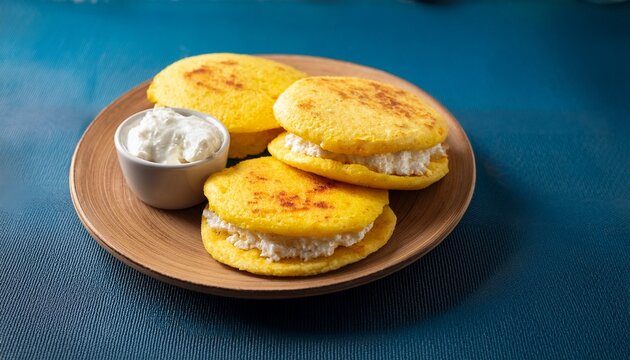 traditional colombian desayunos meal with corn cakes arepas con queso stuffed with cottage cheese