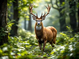 Fototapeta premium Majestic Deer in Lush Forest Wildlife Photography Nature Scene Beautiful Antlers Brown Buck Animal Portrait Wild Animal Image Peaceful Serene Forest Habitat 