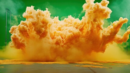 Surreal cloudscape of orange smoke against green backdrop composition