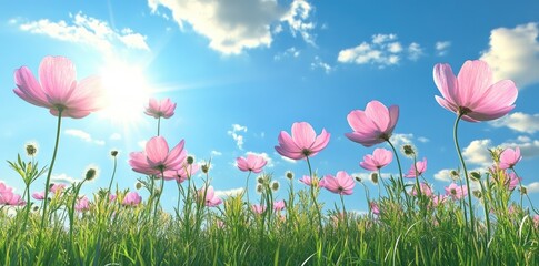 A vibrant field of pink flowers swaying gently under a bright blue sky. with fluffy clouds in the background. creating a serene and picturesque landscape ideal for nature lovers