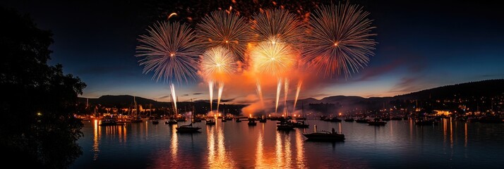 Spectacular pyrotechnic display illuminating the tranquil bay at dusk