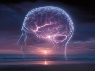 A mystical silhouette of a human head formed by glowing neural pathways and vibrant energies set against a serene ocean sunset providing a captivating blend of nature and cognitive reflection