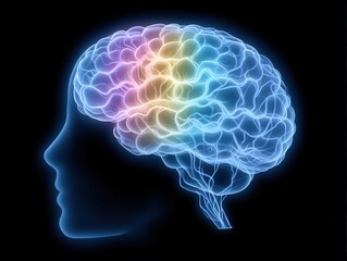 Obraz premium A glowing human brain silhouette with colorful neural pathways illustrating intense creativity cognitive function and innovative thinking set against a solid black background