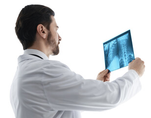 Doctor examining neck MRI scan on white background, low angle view