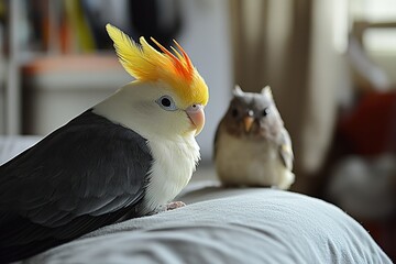 A vibrant cockatiel with yellow crest feathers, perched confidently against a white surface