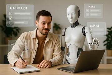 A man writes notes as a humanoid robot displays a to-do list on a transparent screen. Concept of human-AI collaboration and task management.