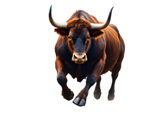 Powerful Brown Bull Charging Forward Dramatic Black Background Strong Animal Majestic Horns Powerful Muscular Bull  Dark Moody Image Wildlife Photography ox cow