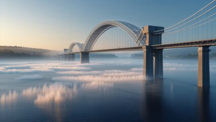 Naklejka premium A majestic bridge stretches across a tranquil body of water shrouded in mist, creating a serene and ethereal atmosphere.