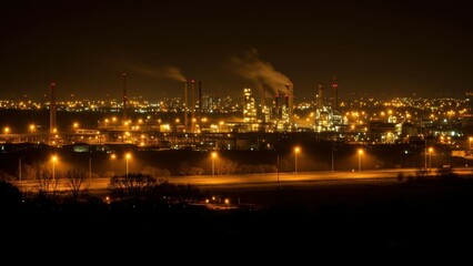 Fototapeta premium Oil refinery at night, polluting the environment