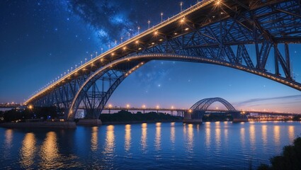 Obraz premium A majestic arched bridge at night, illuminated under a starlit sky. The tranquil waters reflect the city lights, creating a serene and captivating scene.
