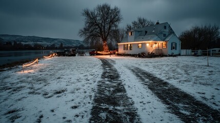 Snowy winter house exterior at dusk