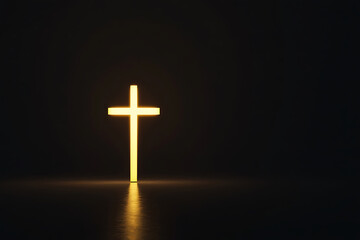 Glowing cross in a dark setting, radiating light and hope. Symbolic representation of faith and spirituality in a minimalist composition.