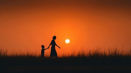 Silhouette of mother and child walking at sunset