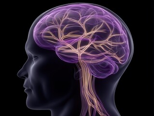 Fototapeta premium Intricate neural networks depicted within a translucent human brain against a dark background revealing complex connections and pathways representing cognitive functionality and emotional depth