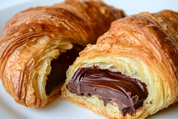 Flaky croissant with golden brown crust rich chocolate filling an indulgent appetizing breakfast baked good delicious close up captured in warm inviting light


