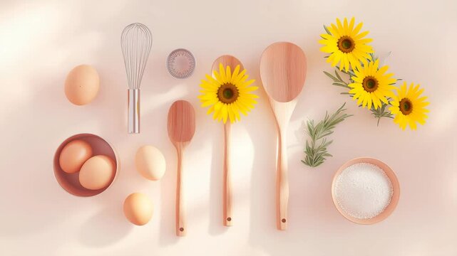 Baking essentials preparation kitchen cooking equipment bright atmosphere overhead view culinary arts
