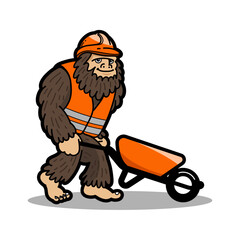 Construction Bigfoot Wearing Hard Hat and Pushing a Cart