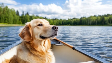 A golden retriever sits happily in front of an old canoe, surrounded by a tranquil lake and vibrant green trees under a bright sky