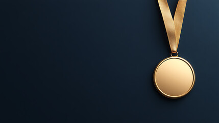 A pristine golden medal with ribbon on dark background evokes success and achievement. Perfect for illustrating victory, recognition, or motivational concepts.