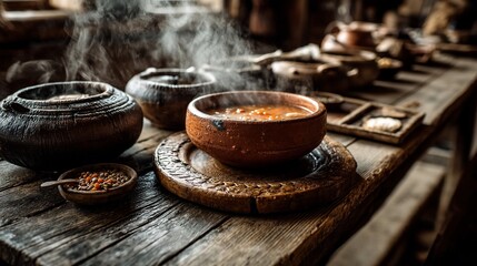 Steam rising from hearty soup in ancient earthenware bowls