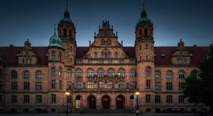 Obraz premium Historic Building Facade at Dusk with Ornate Architectural Details