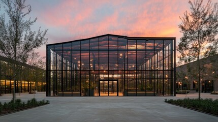Modern glass greenhouse at sunset.