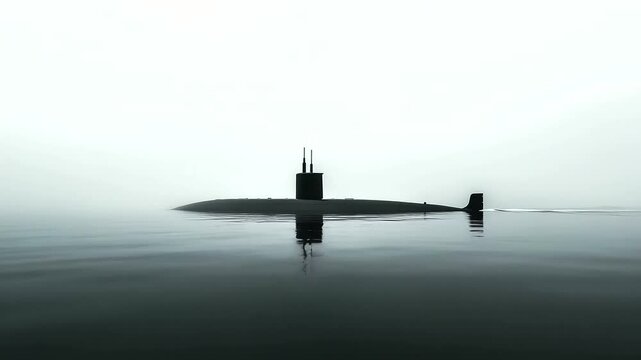 Long, dark silhouette of a nuclear submarine moves silently across sea surface, fog and mist rolling in from horizon