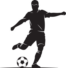 Flat Black Vector Silhouette of a Soccer Player Kicking a Ball in Dynamic Action Pose, Front-Facing View, Isolated on White Background for Sports Design and Athletic Illustrations