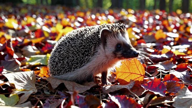 Curious hedgehog exploring autumn leaves in a forest setting