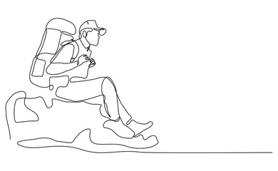 Continuous one line drawing of traveling man with backpack. Single one line art of man success to hiking on top of mountain. Vector illustration editable stroke