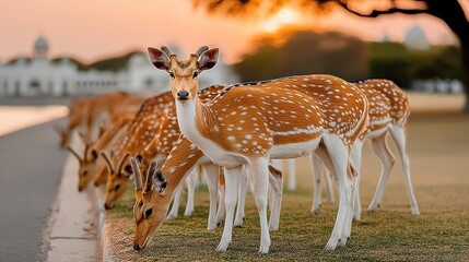 Spotted deer grazing at sunset