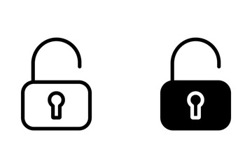 Unlock or open lock icons set designed in filled, outline, line and stroke style