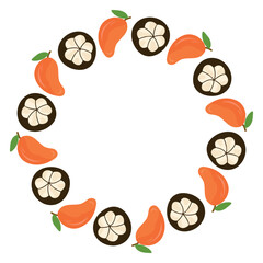 Mango and mangosteen wreath, tropical round frame. Perfect for greeting cards, spring decor, wedding invitations, posters, branding, scrapbooking.