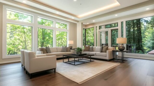 A tranquil contemporary living room with spacious design, beige and grey color accents, clean modern furniture, and polished wooden floors, complemented by large windows bringing i