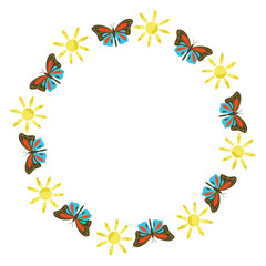 Butterfly wreath. Butterflies and sun round frame. Perfect for greeting cards, spring decor, wedding invitations, posters, branding, scrapbooking.
