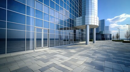 Fototapeta premium Modern glass office building exterior with paved walkway and blue sky.
