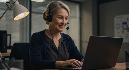 Woman with headset working on laptop at desk in office environment.