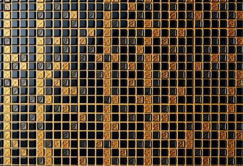 Fototapeta premium Elegant black and gold mosaic tile wall, shimmering texture, empty space, artisan, wall tiles