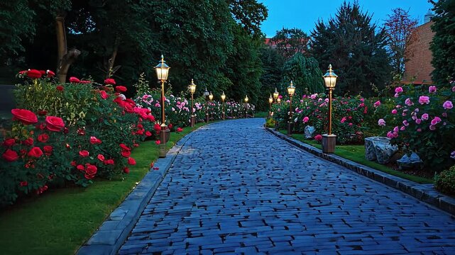 Path with a brick walkway and a row of lights. The flowers are red and the path is lined with them