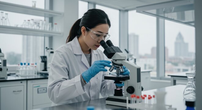 Woman in lab coat using microscope in a bright laboratory setting.