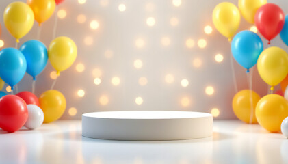 An eye-level shot of an empty round podium for product or celebration is decorated with floating balloons and a backdrop of soft fairy lights, creating a whimsical and celebratory atmosphere. 