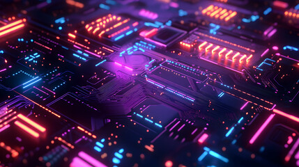 Obraz premium Bright Neon Circuit Board Pattern with Vibrant Colorful Lights