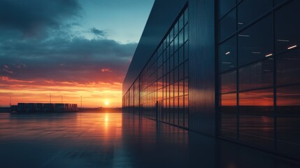 Modern hangar at sunset, reflecting vibrant sky.