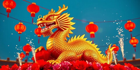 Fototapeta premium Golden dragon statue, red lanterns, sparks, flowers, empty space, lunar new year celebration, decoration, lanterns