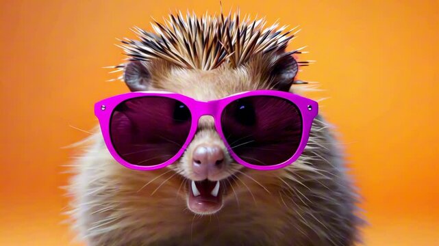 Hedgehog wearing vibrant violet sunglasses, talking and looking cool on orange background