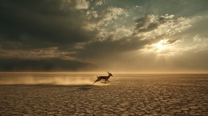 A cinematic wide shot, a dust-covered desert plain, a slender antelope bolts across the cracked ground, its body stretched in full sprin.