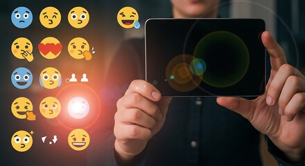 A person holds a tablet with a dark screen, overlaid with a variety of expressive emoji icons.
